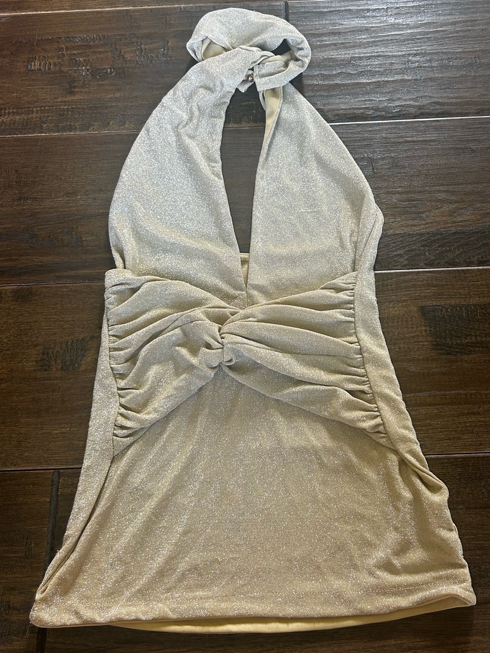 Shimmer Halter Knot Front Mini Dress in Champagne